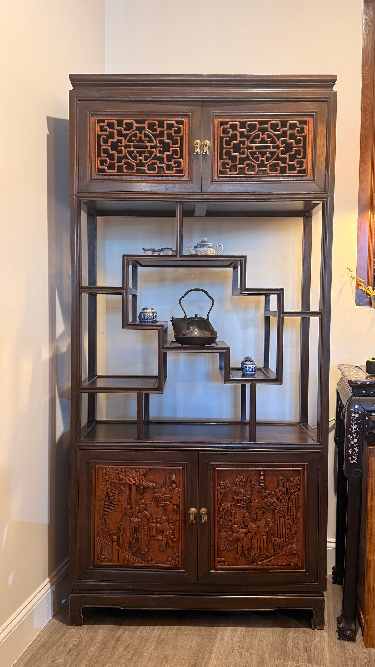 Hardwood Display Cabinet With Open Shelves