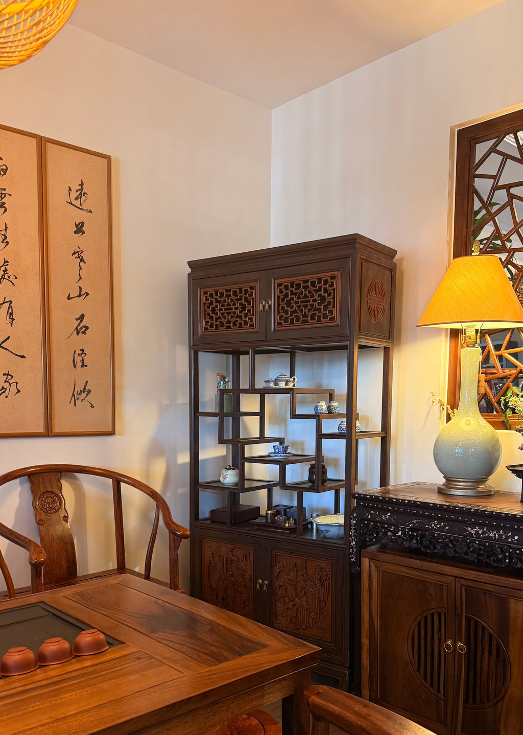 Hardwood Display Cabinet With Open Shelves