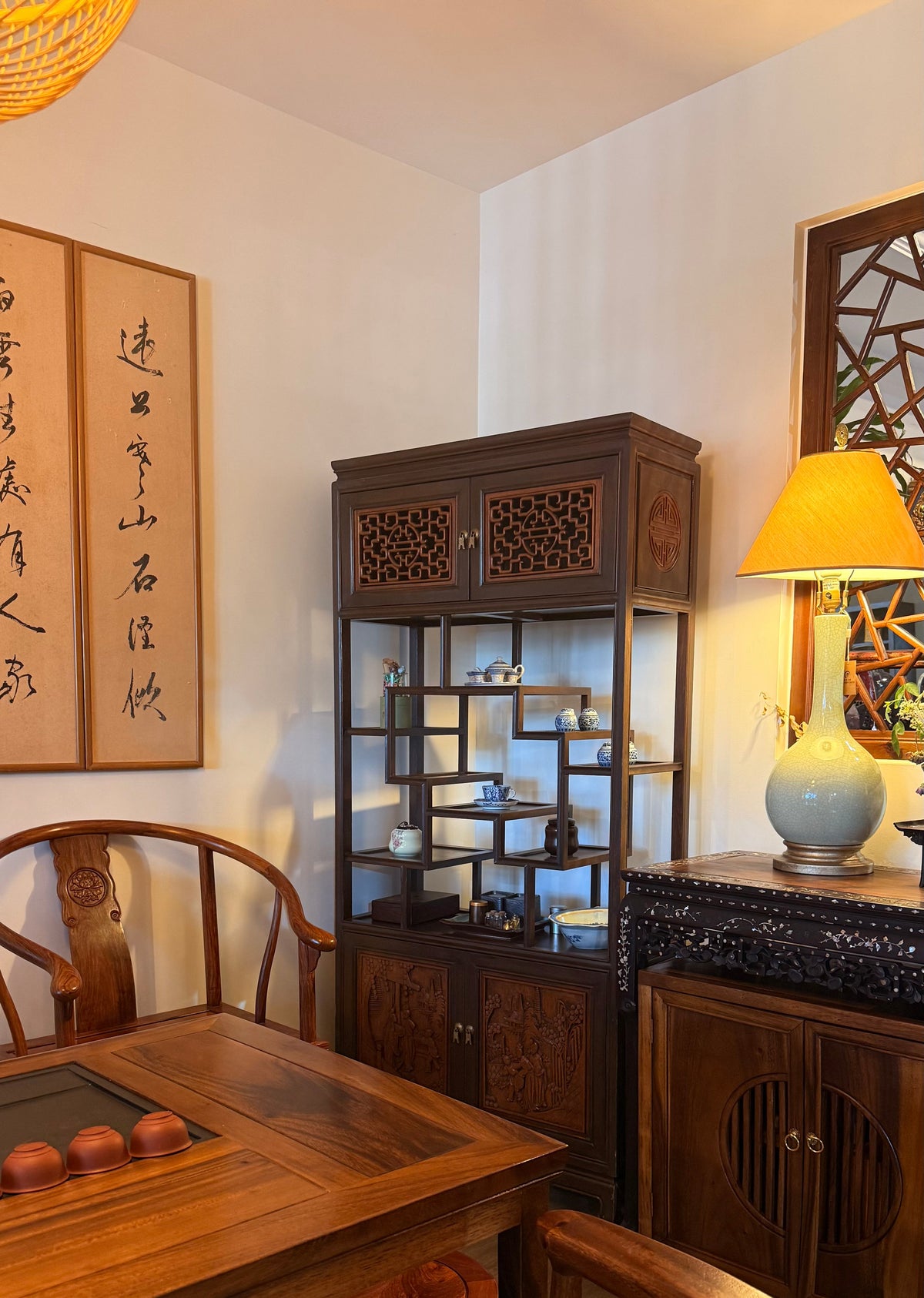 Hardwood Display Cabinet With Open Shelves