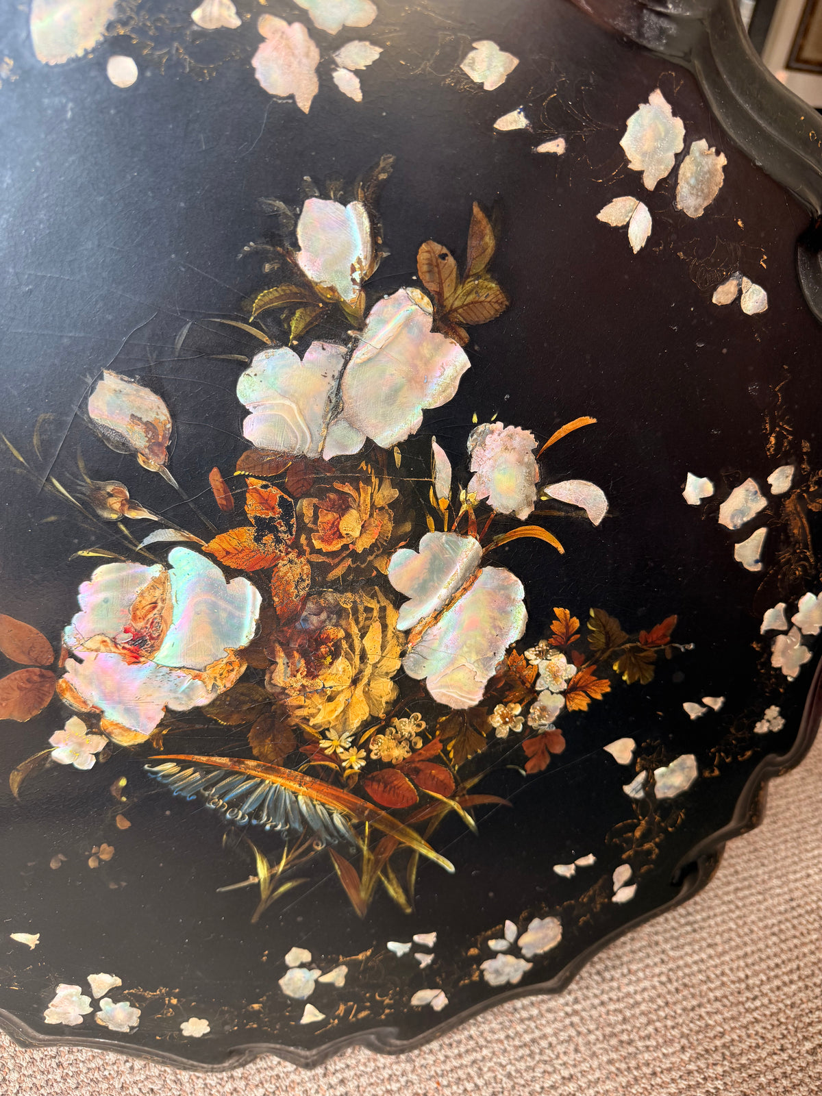 A Victorian Black-Lacquered Papier-Mâché Tray with Mother-of-Pearl Inlay and Gilt Floral Decoration, Mid-19th Century