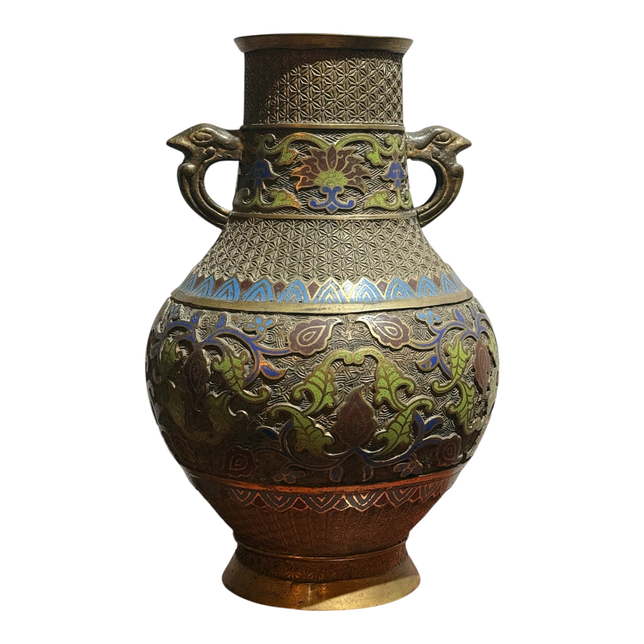 Vintage Japanese Bronze Vase with Enamel Floral Design