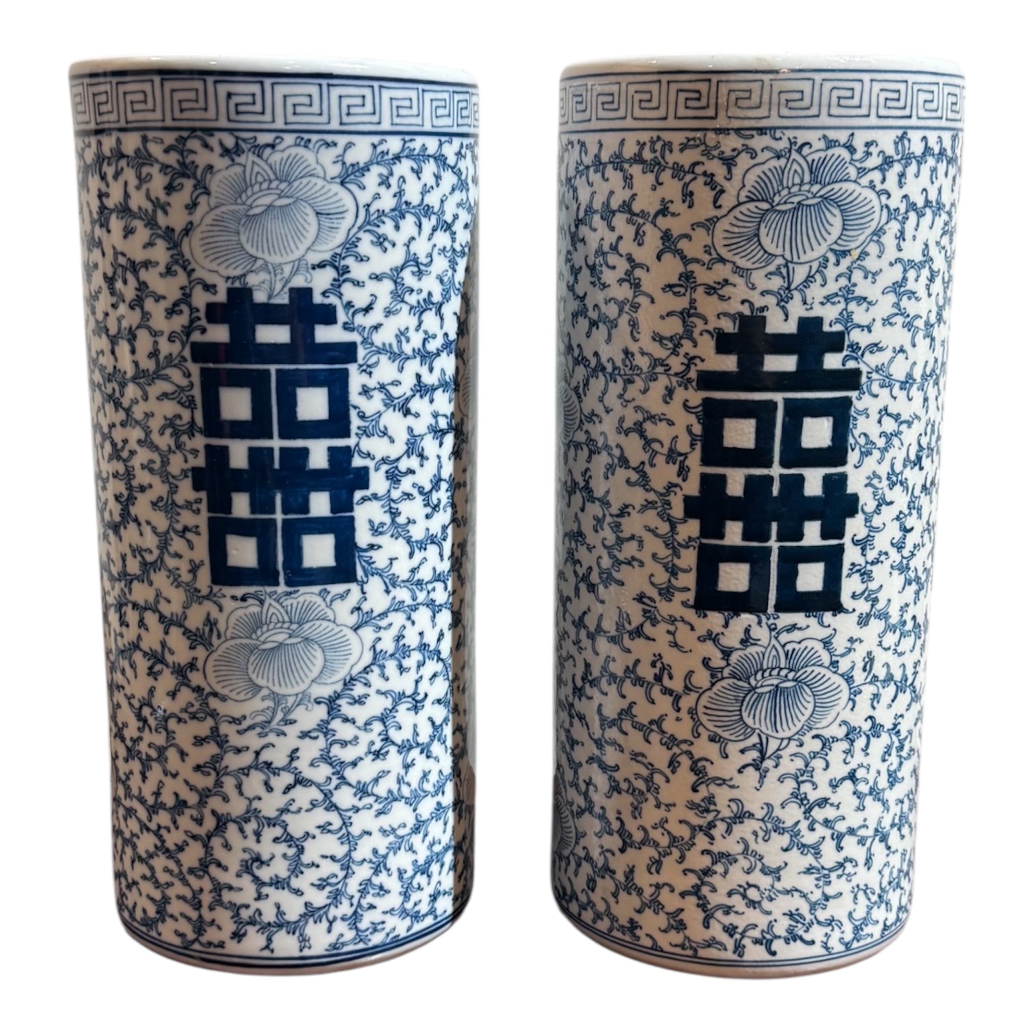 Pair of Blue and White “Double Happiness” Porcelain Vases