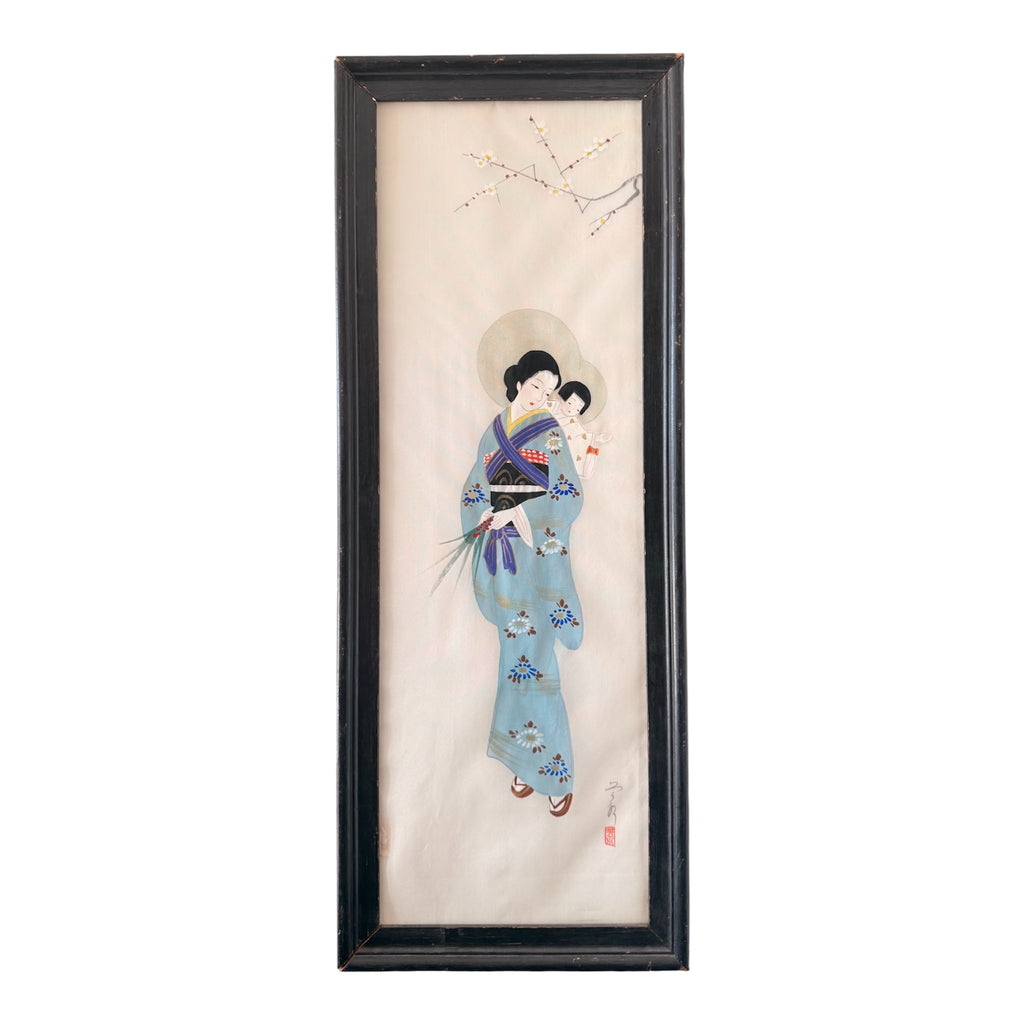 Vintage Japanese Silk Painting – Mother and Child