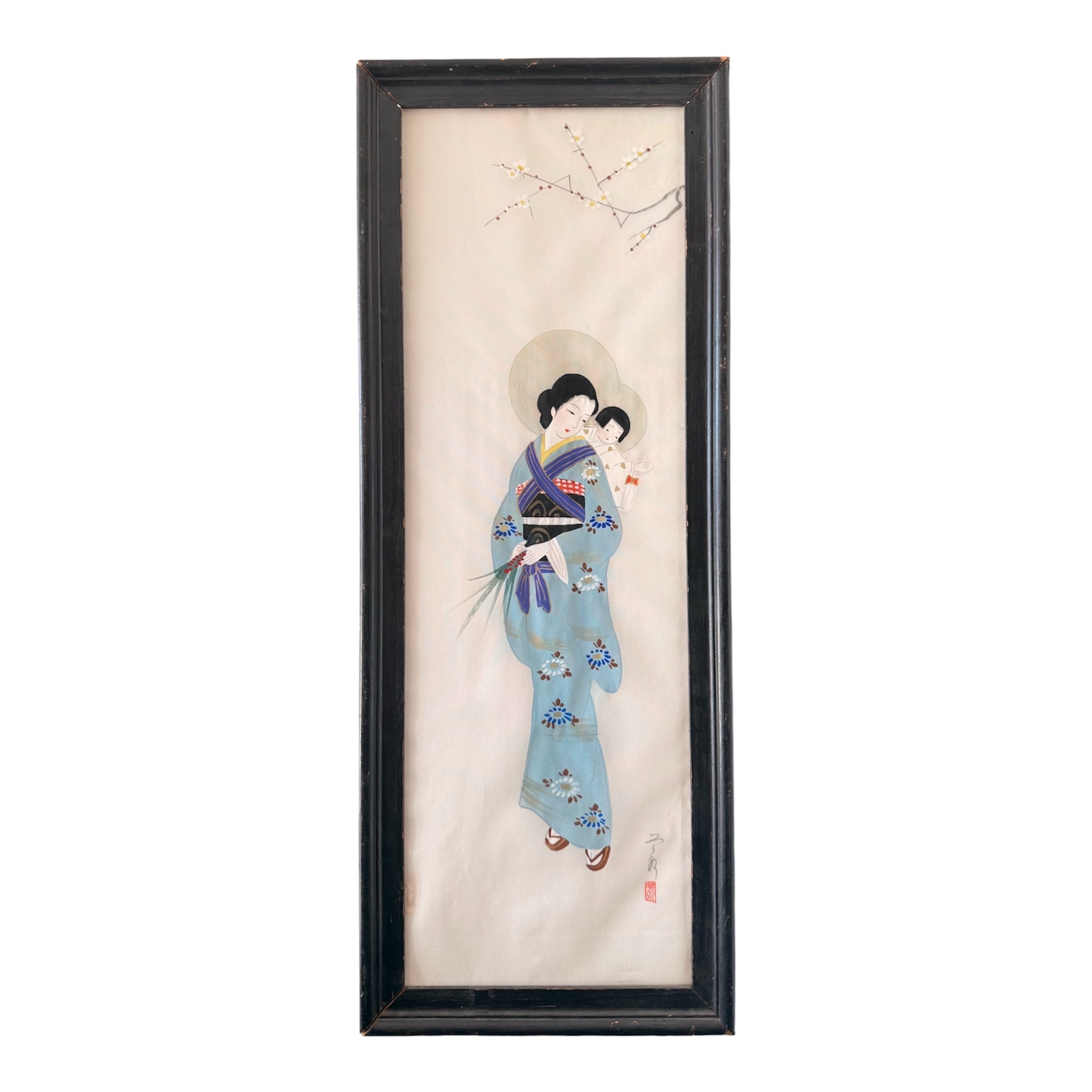 Vintage Japanese Silk Painting – Mother and Child