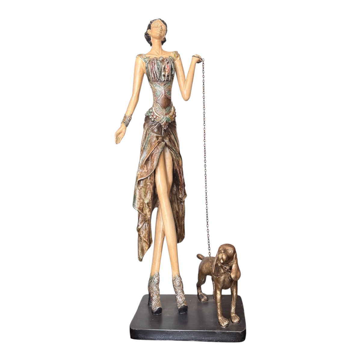 Vintage Art Deco Style Lady Walking Dog Statue – Tall Elegant Woman Sculpture with Bronze Finish, 28.5" Decorative Figure