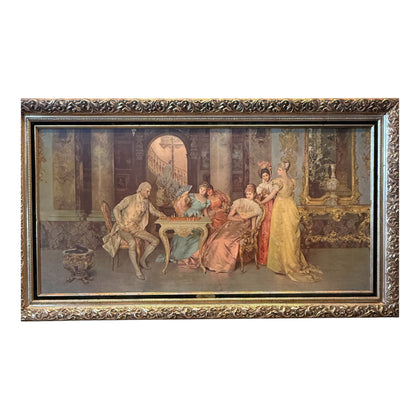 Large Vintage European Salon Scene Framed Wall Art | Ornate Gold Frame Classical Interior Print 55” x 31”