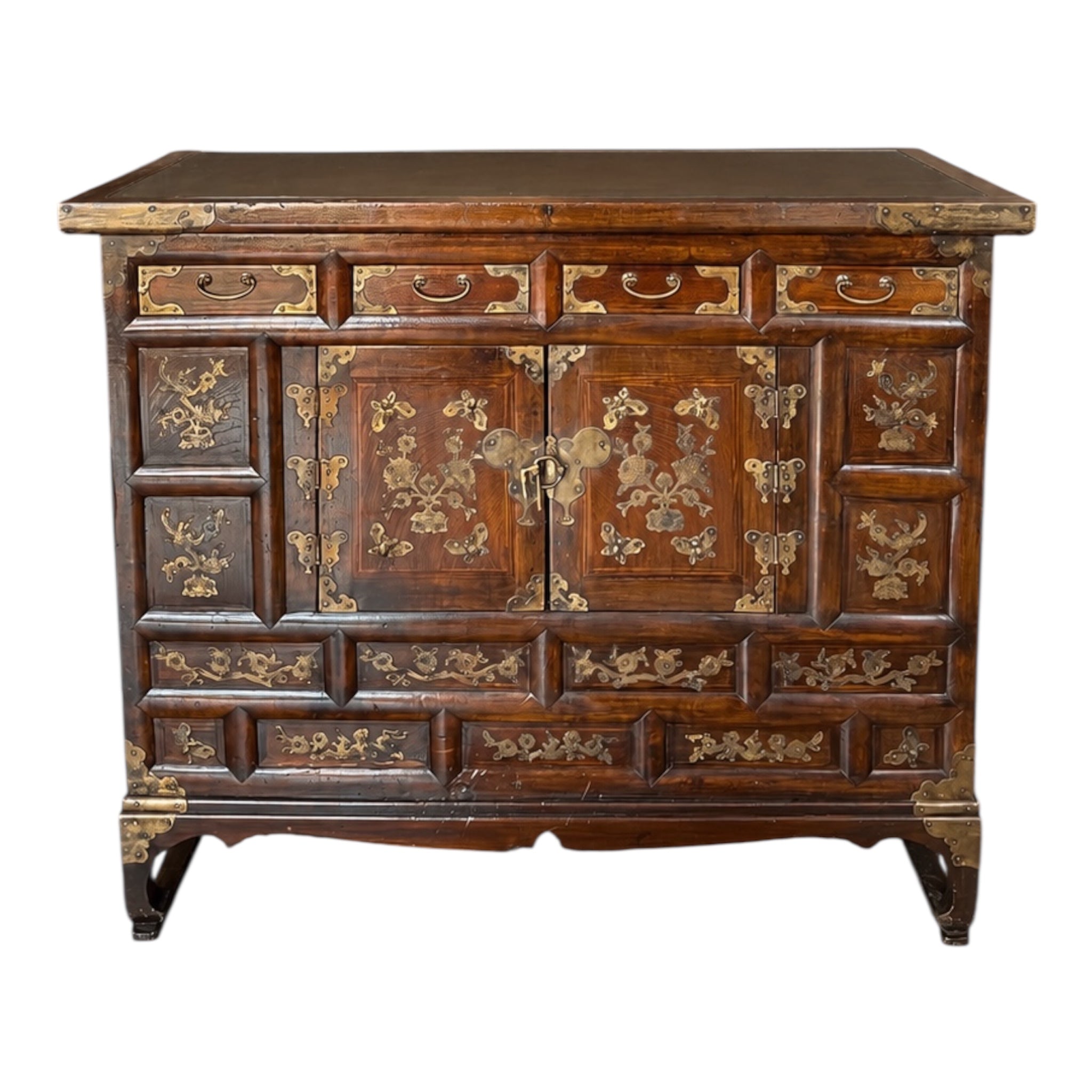 Korean Brass-Mounted Hardwood Cabinet with Glass Top