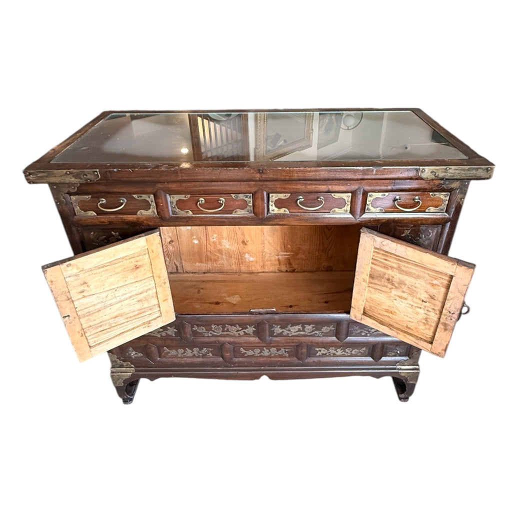 Korean Brass-Mounted Hardwood Cabinet with Glass Top