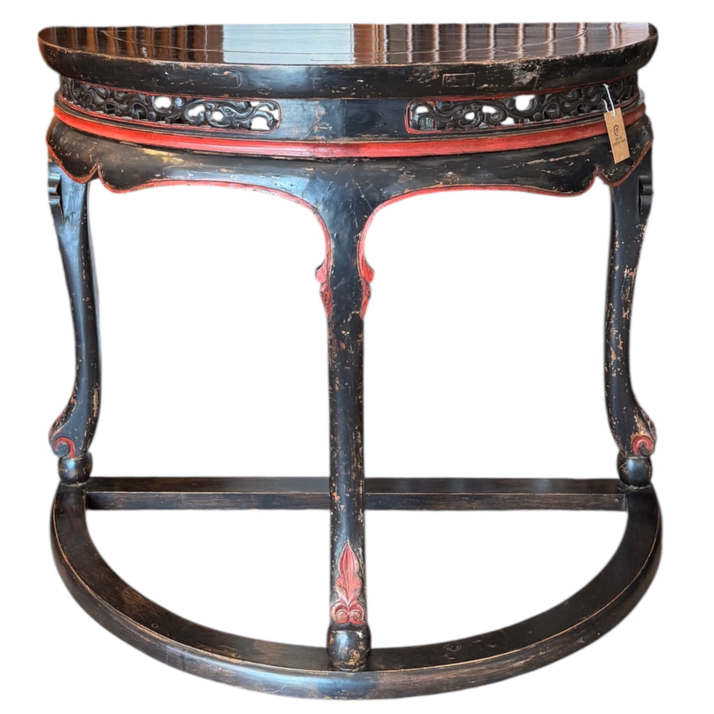 Pair of Vintage Chinese Black Lacquer Demi-Lune Tables