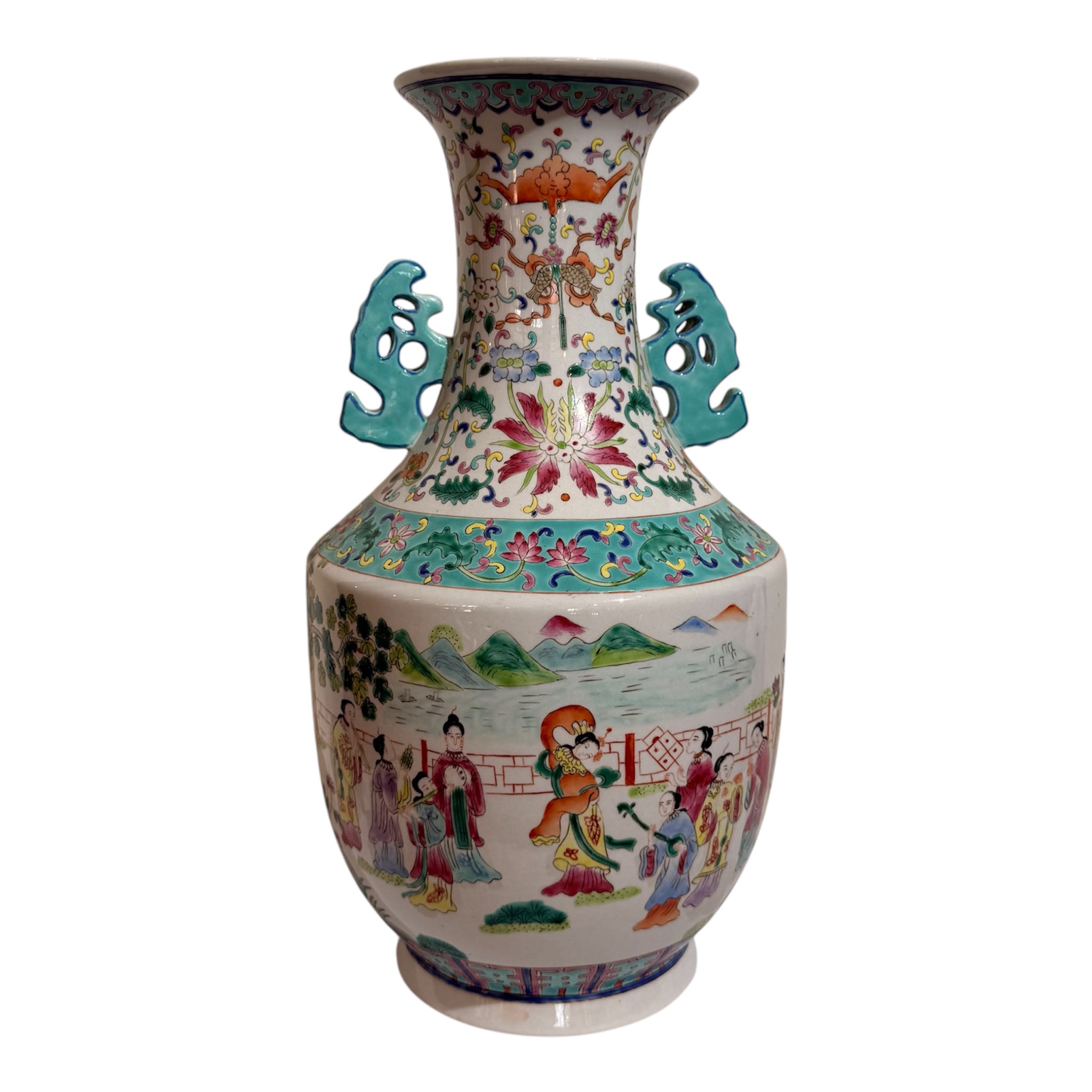 Chinese Famille Rose Figural Porcelain Vase with Turquoise Handles
