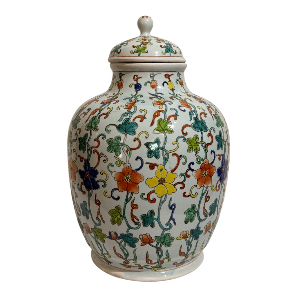 Chinese Famille Verte Floral Porcelain Covered Jar