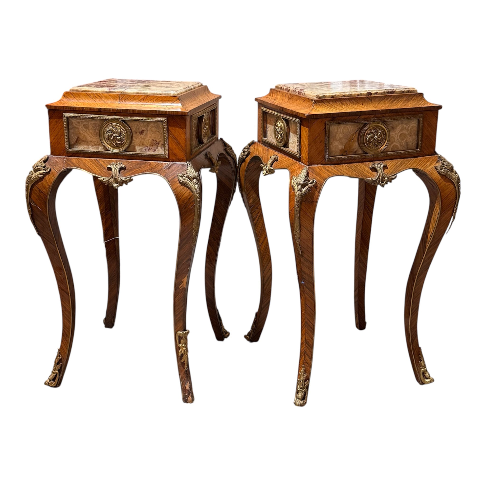 Pair of Vintage French-Style Marquetry & Stone-Top Side Tables