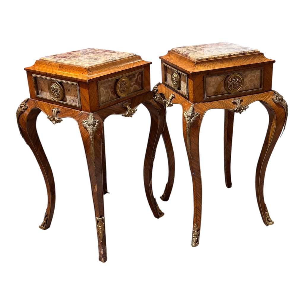 Pair of Vintage French-Style Marquetry & Stone-Top Side Tables