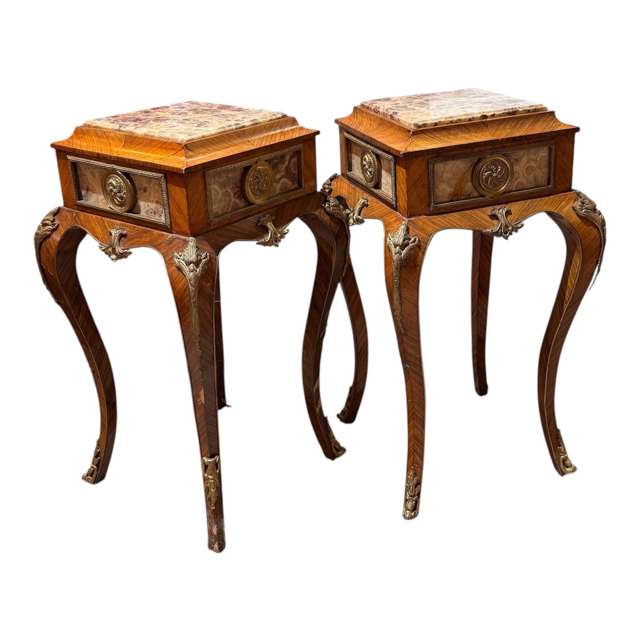Pair of Vintage French-Style Marquetry & Stone-Top Side Tables
