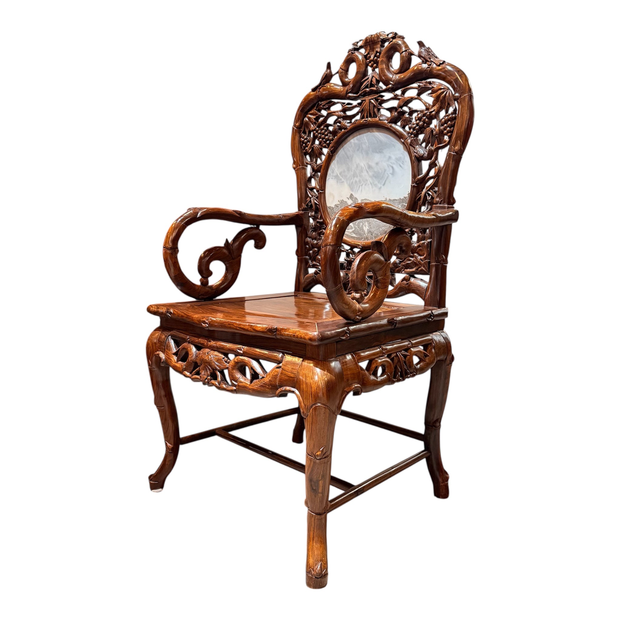 Chinese Carved Rosewood Armchair with Natural Stone Panel