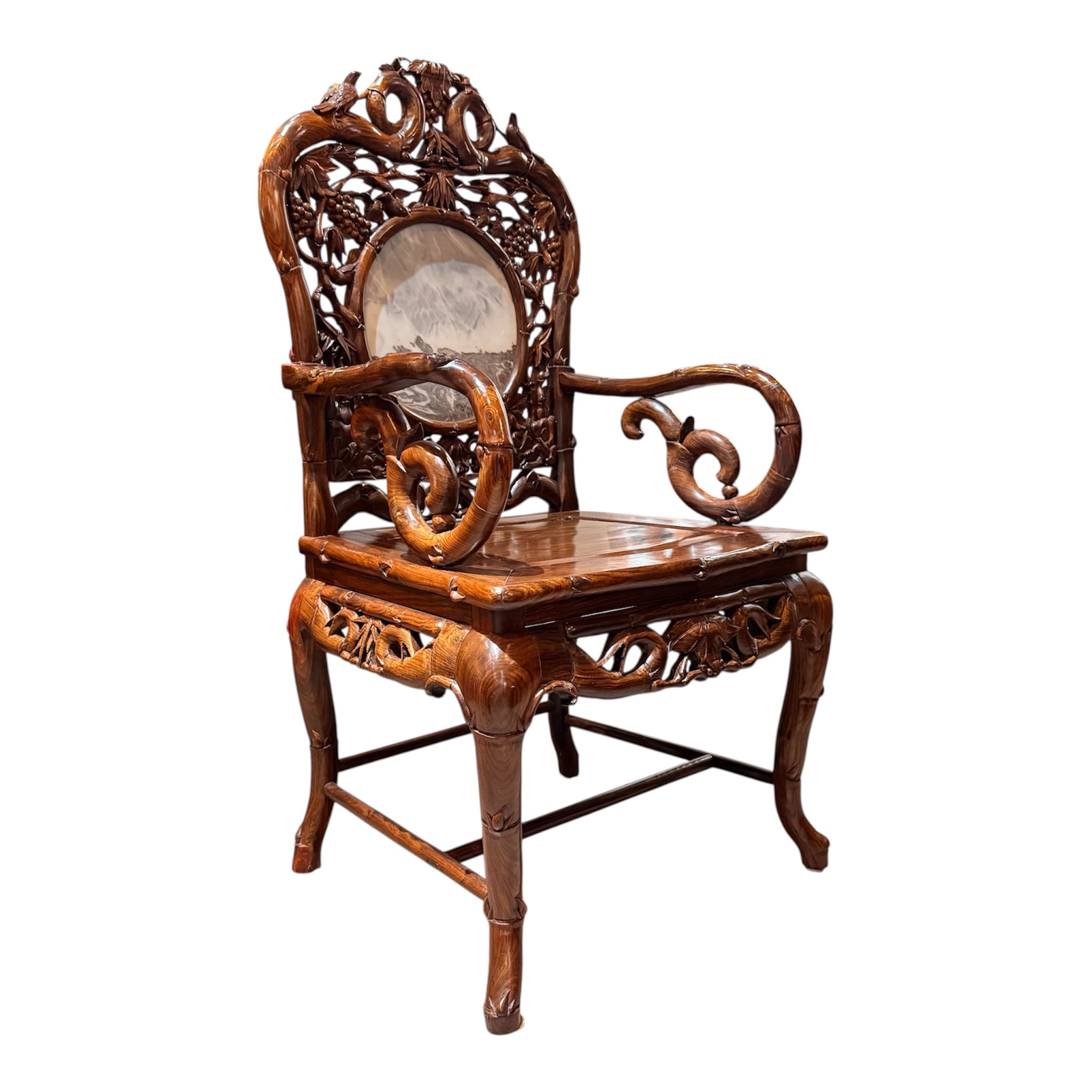 Chinese Carved Rosewood Armchair with Natural Stone Panel