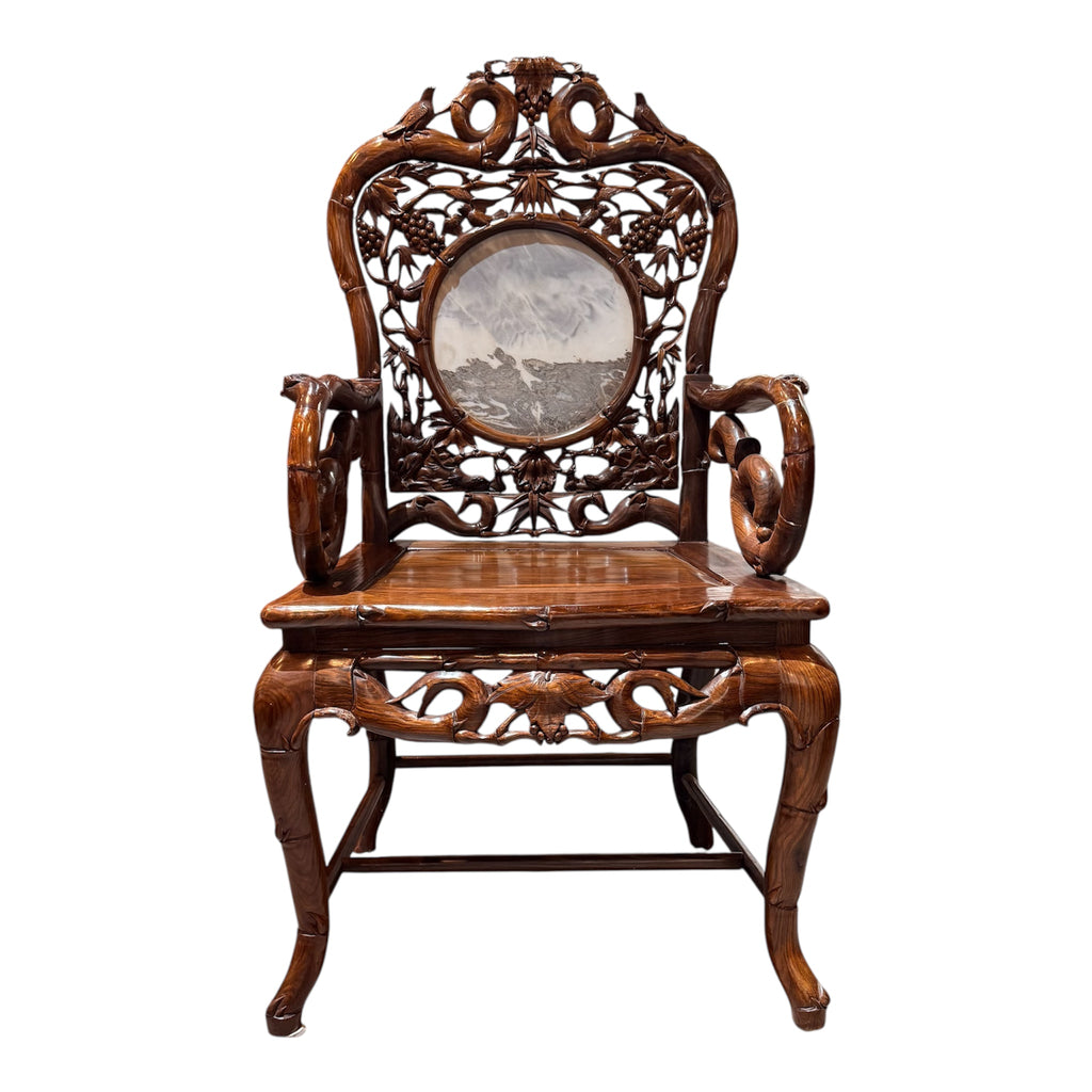 Chinese Carved Rosewood Armchair with Natural Stone Panel