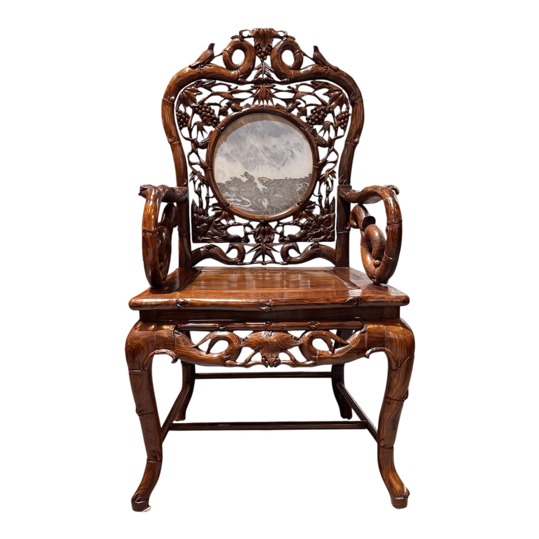 Chinese Carved Rosewood Armchair with Natural Stone Panel