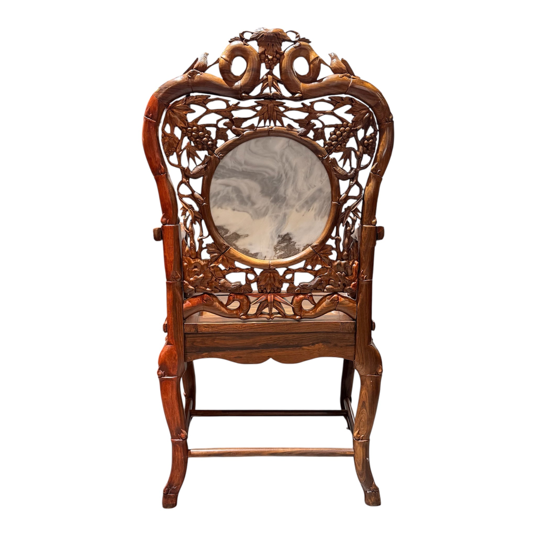 Chinese Carved Rosewood Armchair with Natural Stone Panel