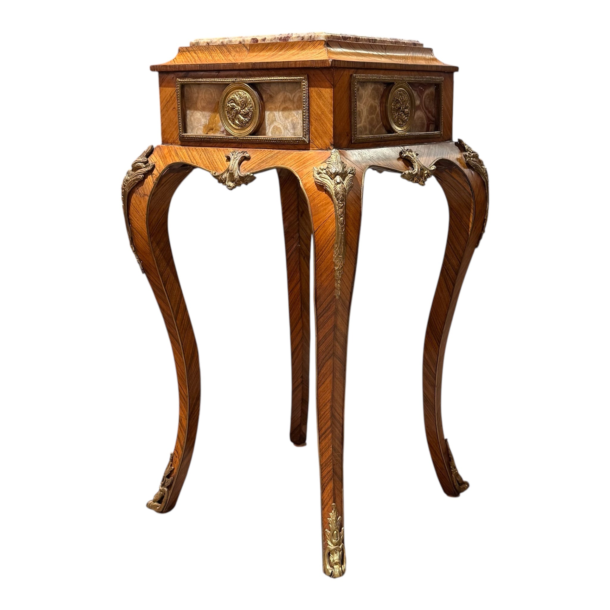 Pair of Vintage French-Style Marquetry & Stone-Top Side Tables