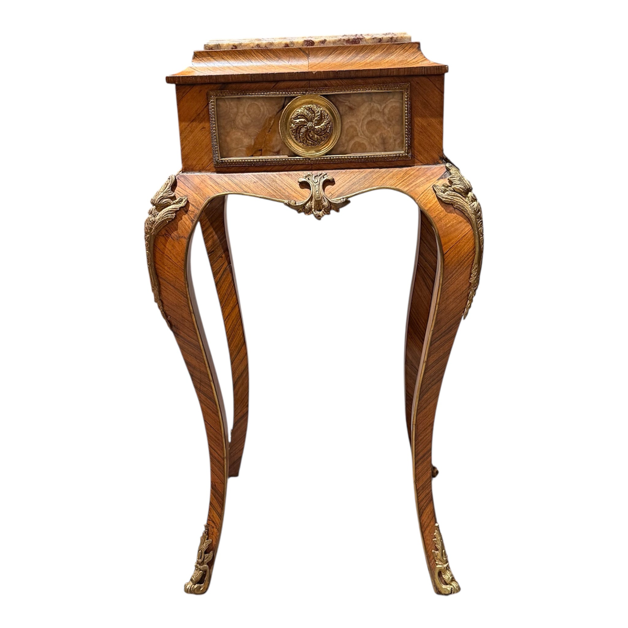 Pair of Vintage French-Style Marquetry & Stone-Top Side Tables