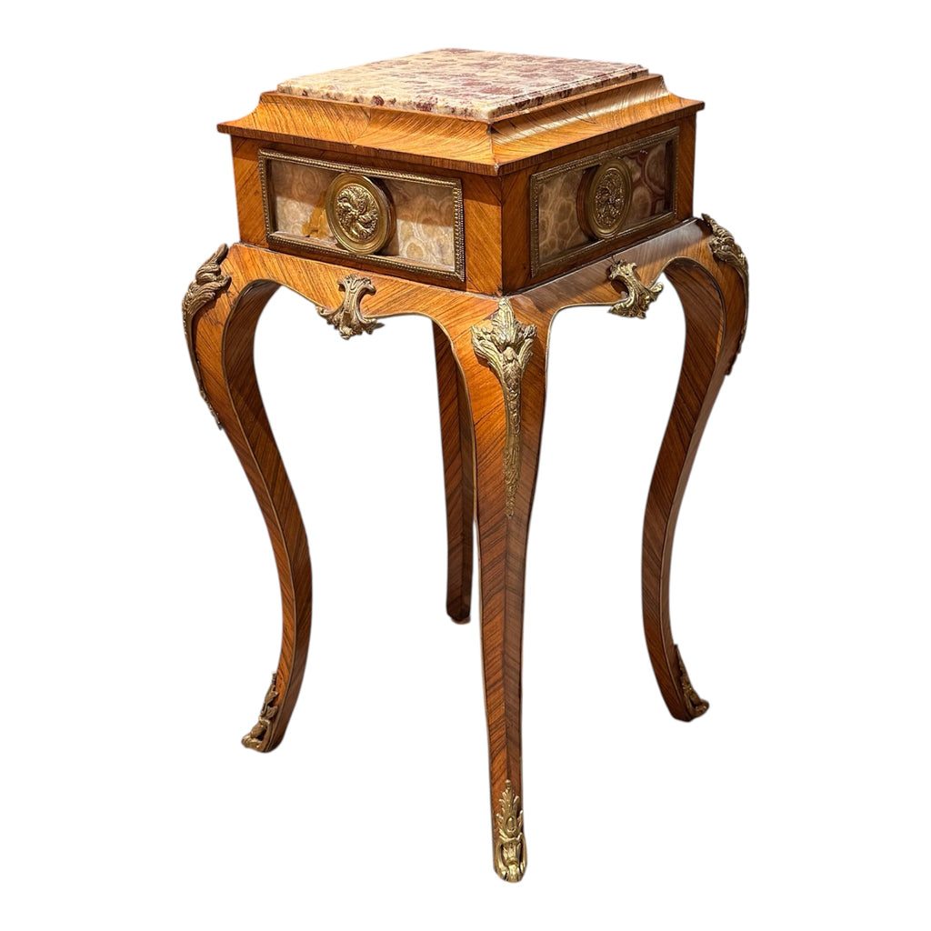 Pair of Vintage French-Style Marquetry & Stone-Top Side Tables