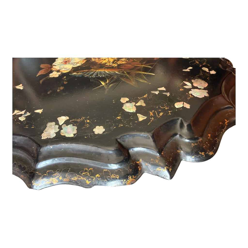 A Victorian Black-Lacquered Papier-Mâché Tray with Mother-of-Pearl Inlay and Gilt Floral Decoration, Mid-19th Century