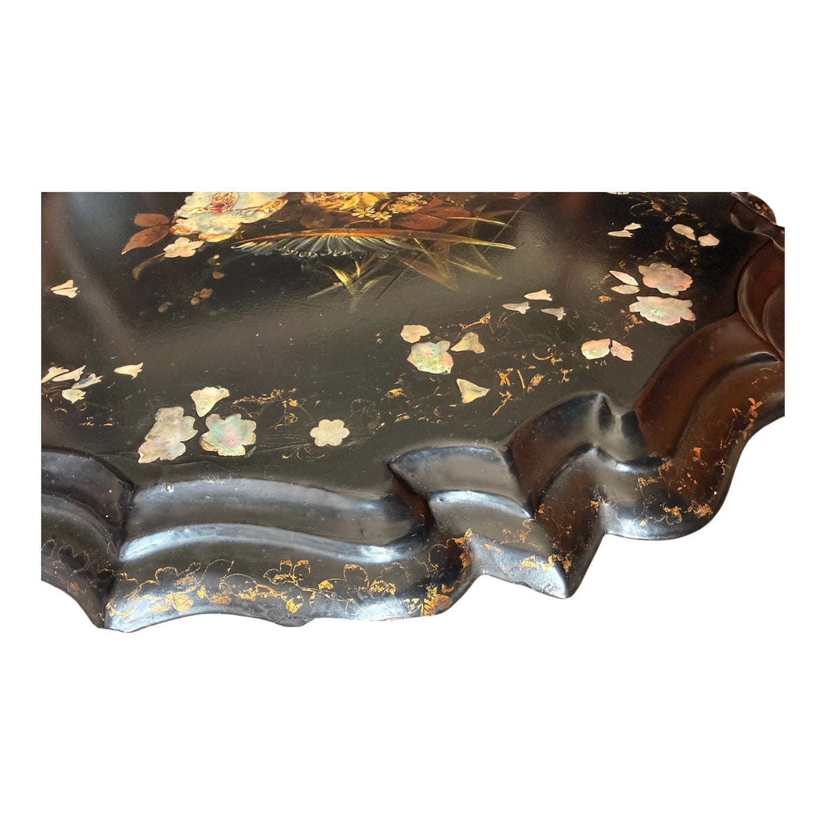 A Victorian Black-Lacquered Papier-Mâché Tray with Mother-of-Pearl Inlay and Gilt Floral Decoration, Mid-19th Century