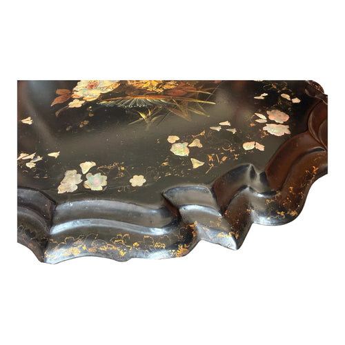 A Victorian Black-Lacquered Papier-Mâché Tray with Mother-of-Pearl Inlay and Gilt Floral Decoration, Mid-19th Century