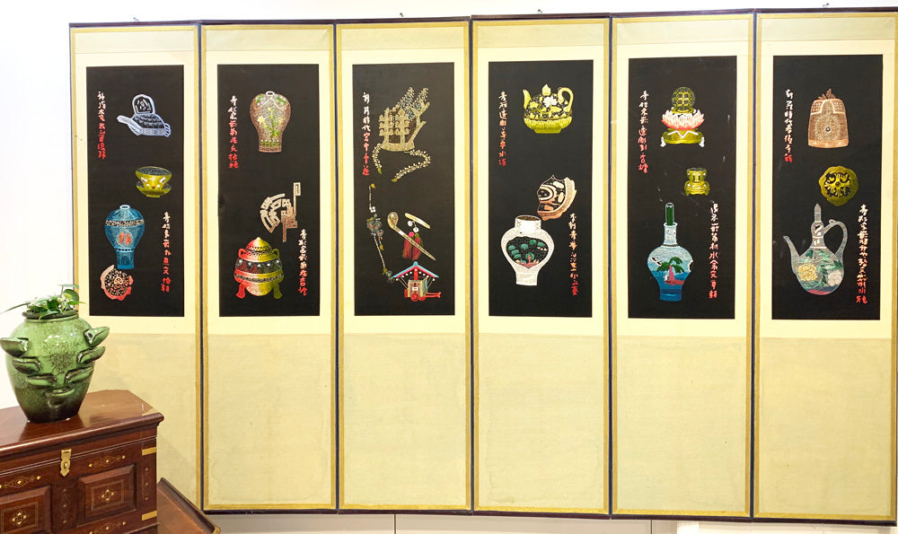 Eight-Panel Double-Sided Folding Screen with Embroidery & Calligraphy