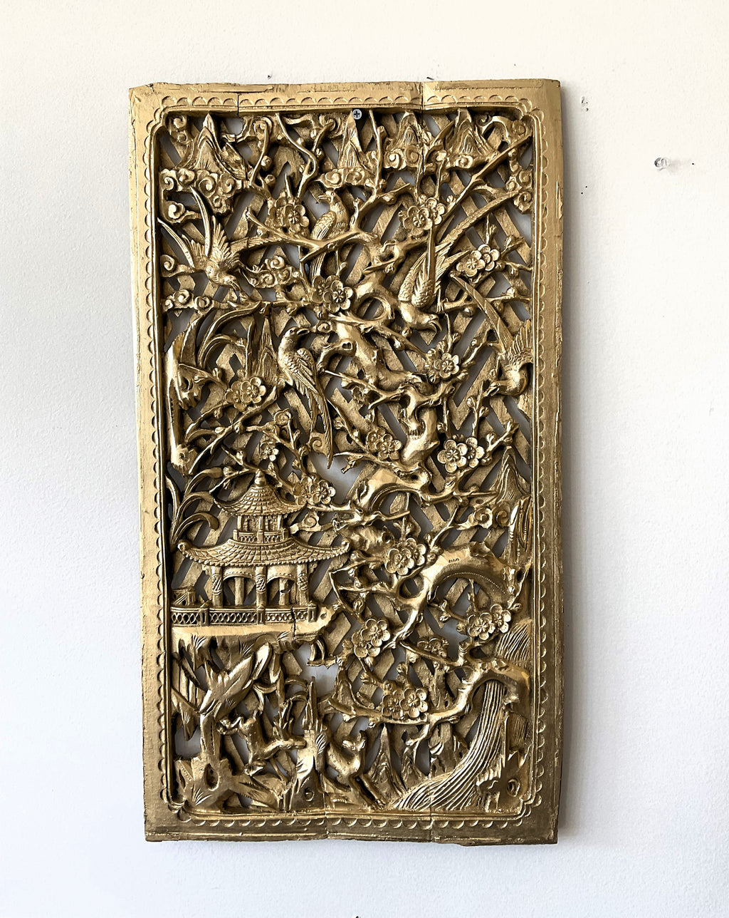 Vintage Chinese Hand-Carved Gilded Wood Wall Panel