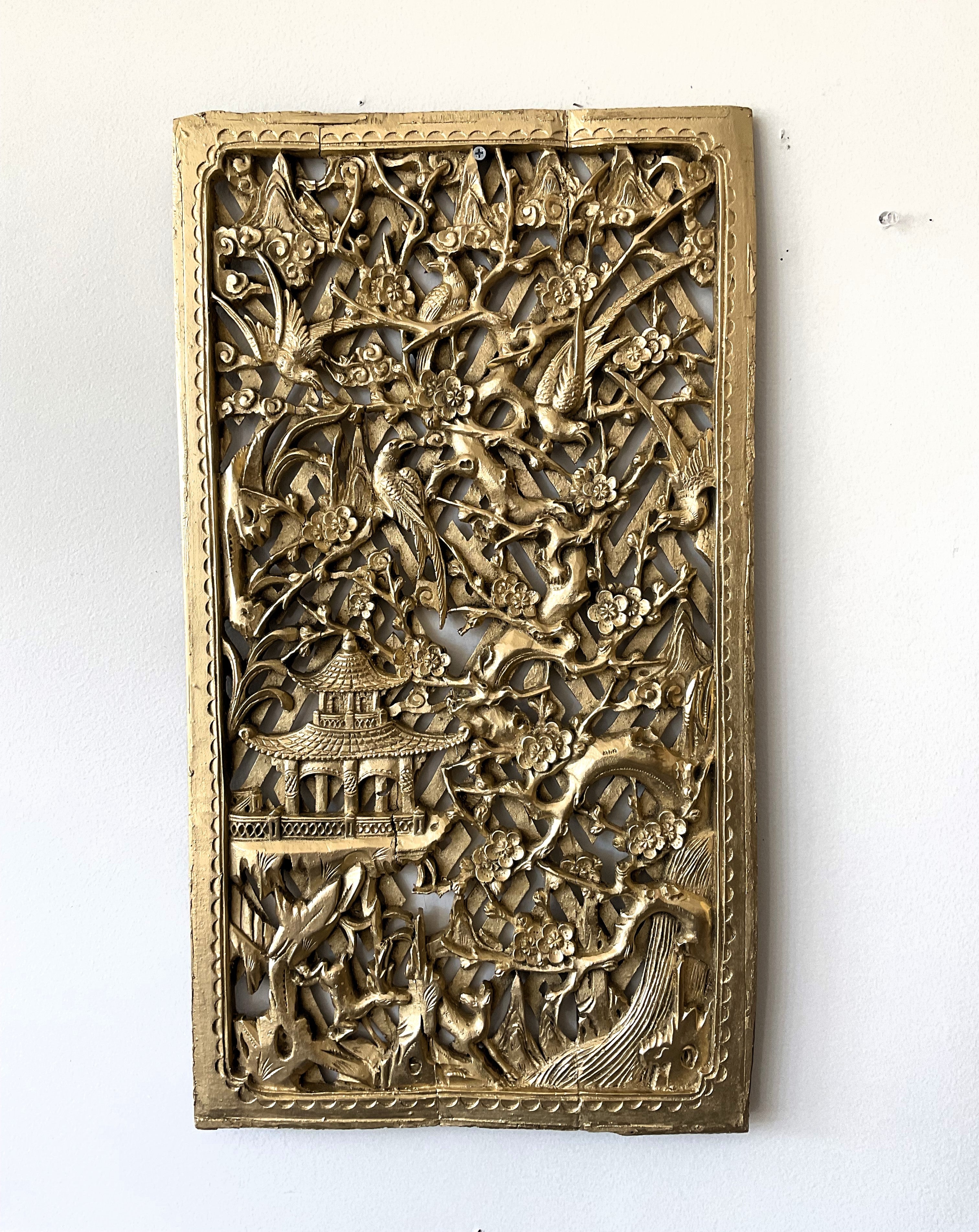 Vintage Chinese Hand-Carved Gilded Wood Wall Panel