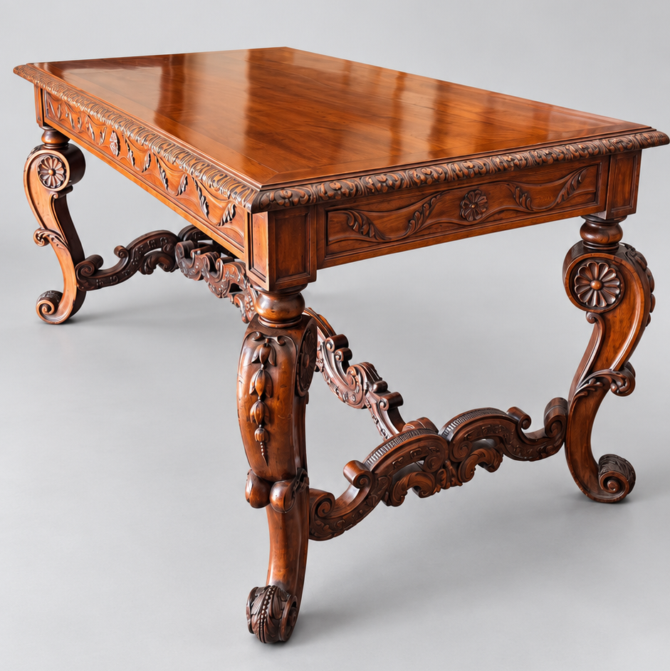 An ornate carved wooden table with a polished reddish-brown finish, featuring decorative legs and a rectangular top, photographed on a neutral light gray background.