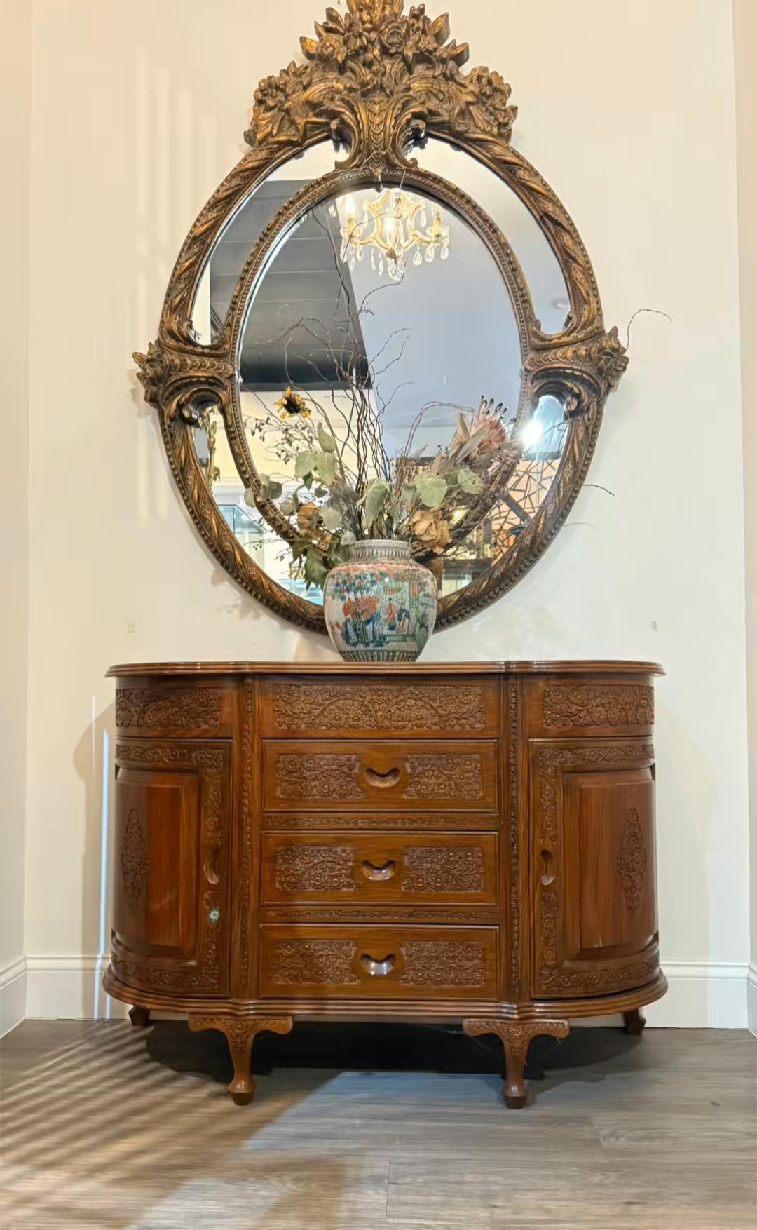 Vintage Solid Wood Carved Porch Cabinet Accent Cabinet