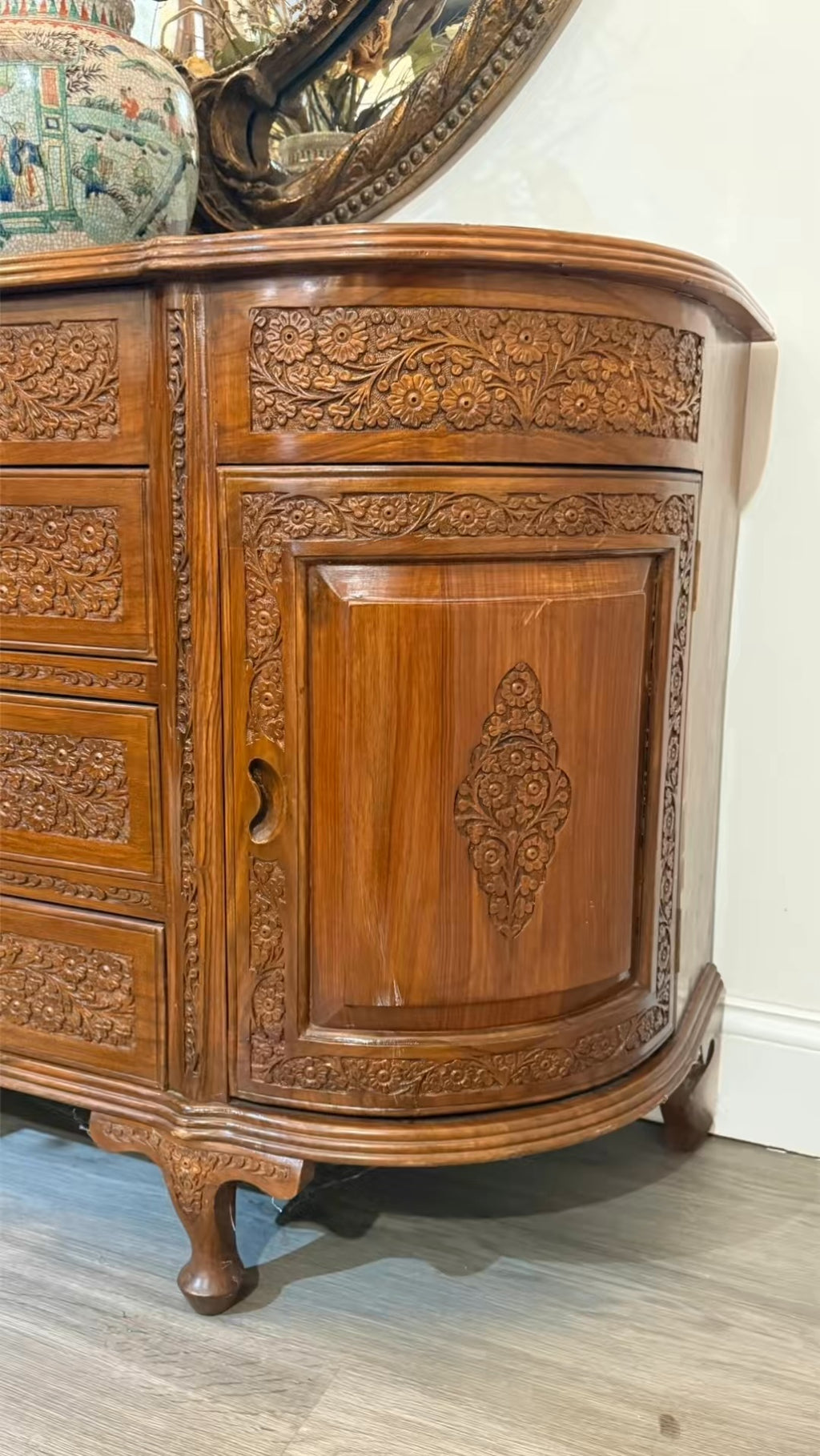 Vintage Solid Wood Carved Porch Cabinet Accent Cabinet