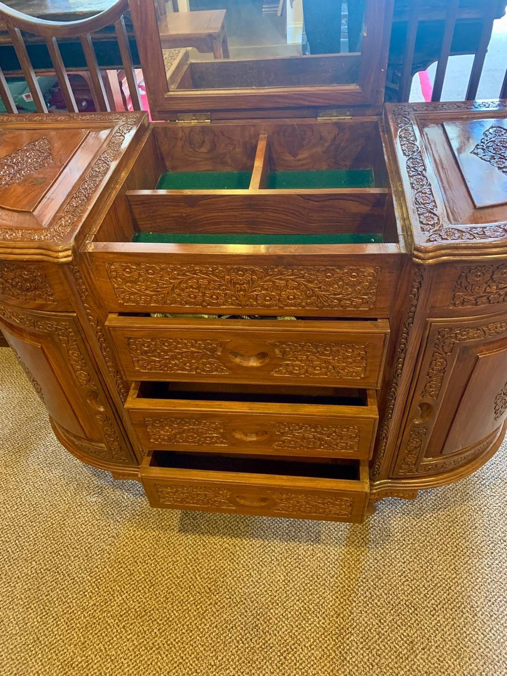 Vintage Solid Wood Carved Porch Cabinet Accent Cabinet