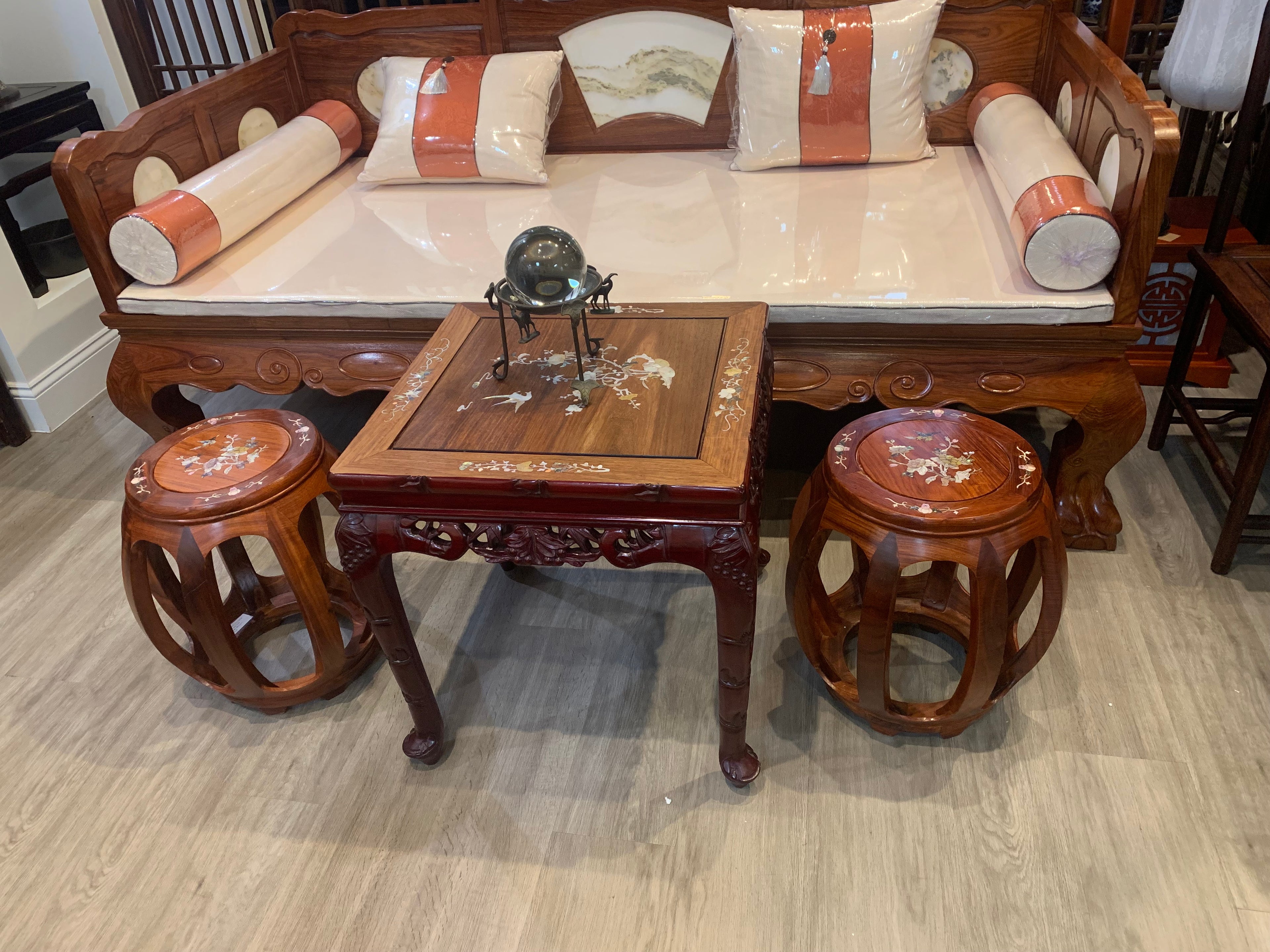 Rosewood Drum Stool With Mother-of-Pearl