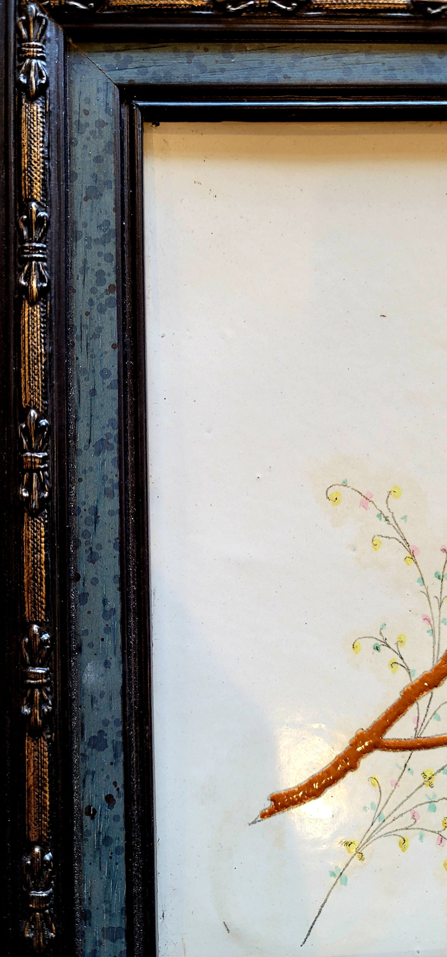 Enamel on Copper Small Framed Painting with Bird and Flower