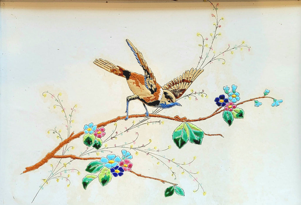 Enamel on Copper Small Framed Painting with Bird and Flower