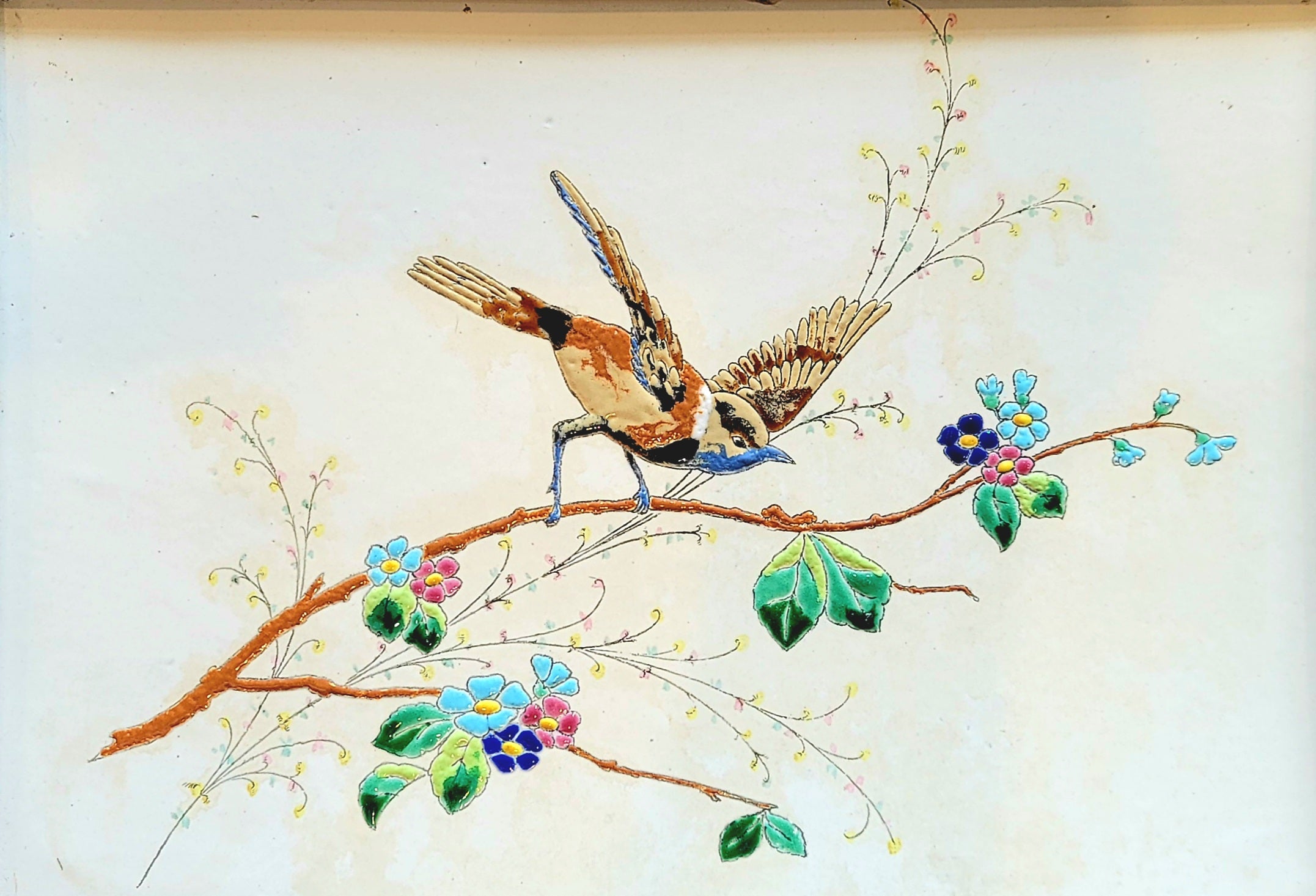 Enamel on Copper Small Framed Painting with Bird and Flower