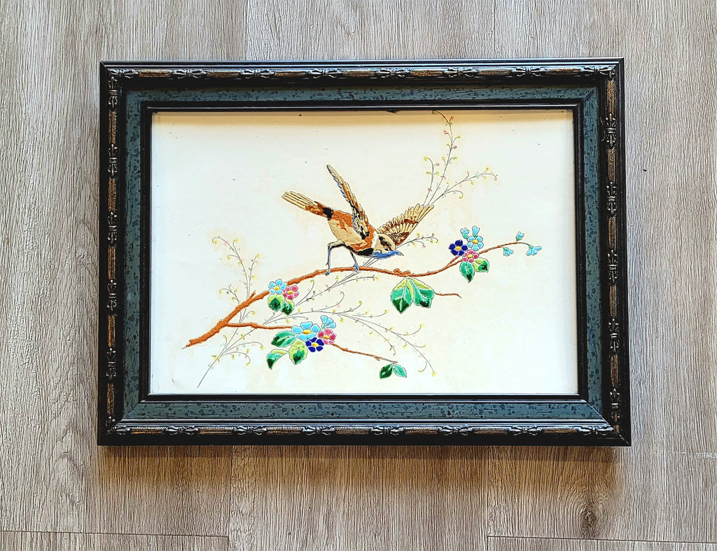 Enamel on Copper Small Framed Painting with Bird and Flower