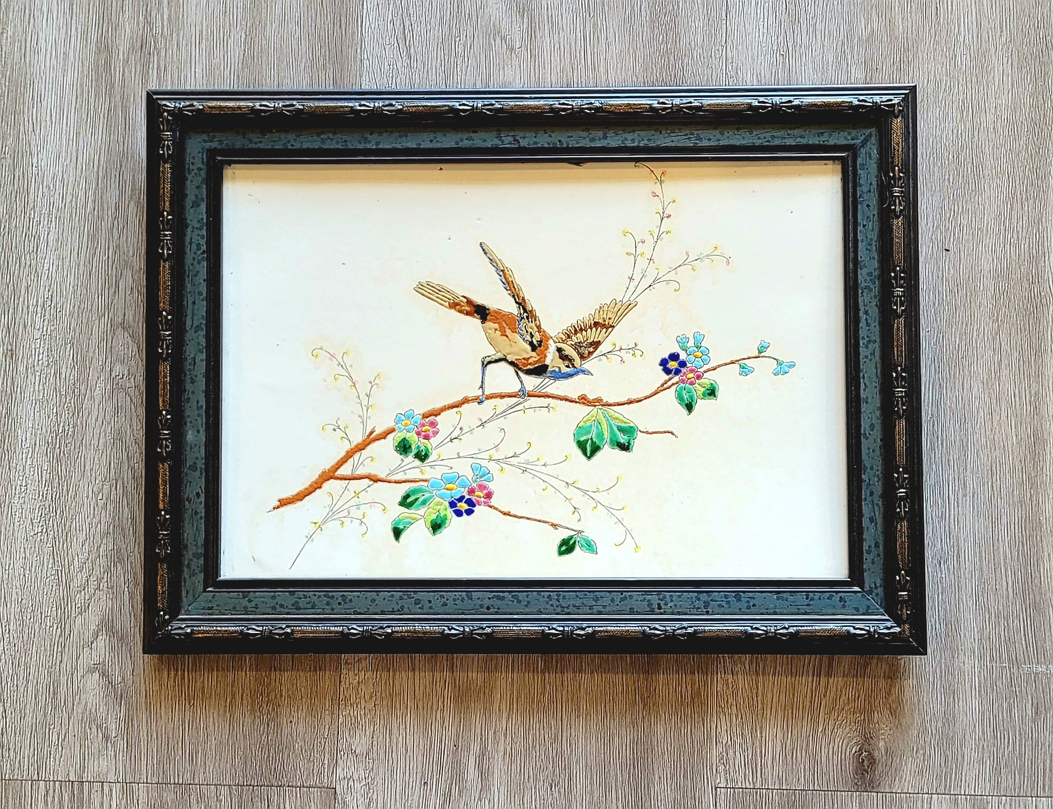 Enamel on Copper Small Framed Painting with Bird and Flower